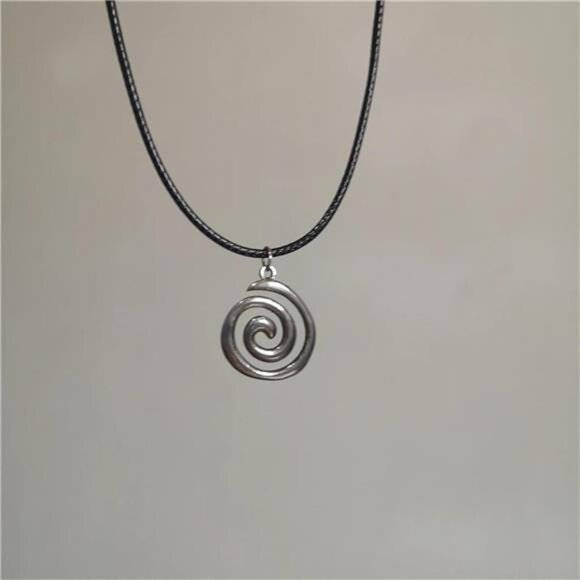 Spiral Y2K Silver Swirl Pendant Necklace for Men Women - Grunge Leather Rope - Picture 6 of 7